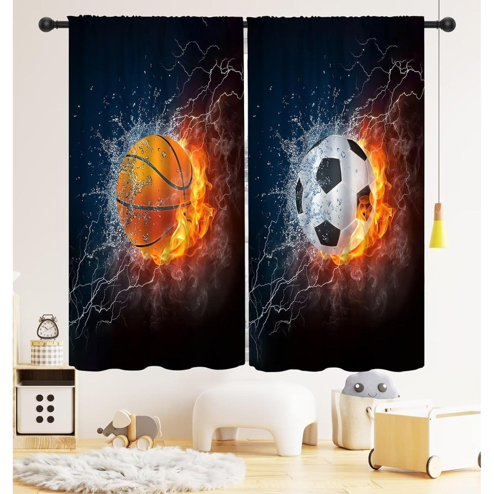 LOMADIA sports ball kids curtain front view displaying fiery football and basketball graphic prints.