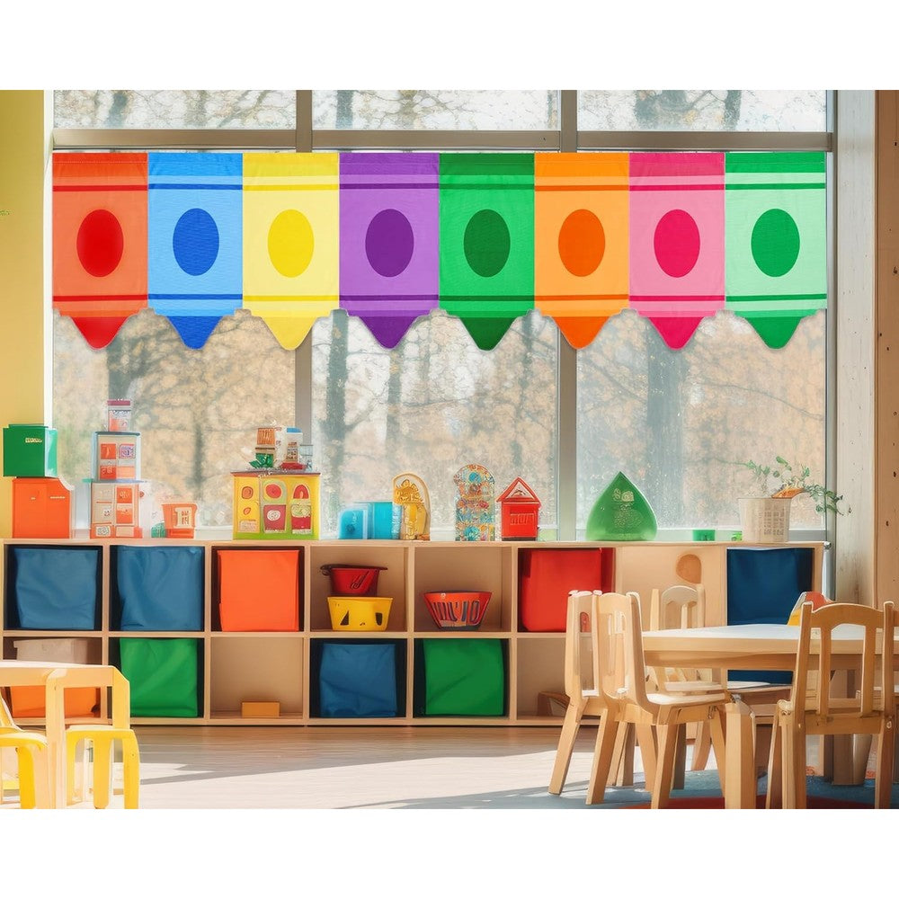 Cosblank 8 Pieces School Classroom Rainbow Curtains front view displaying vibrant cartoon crayon designs.