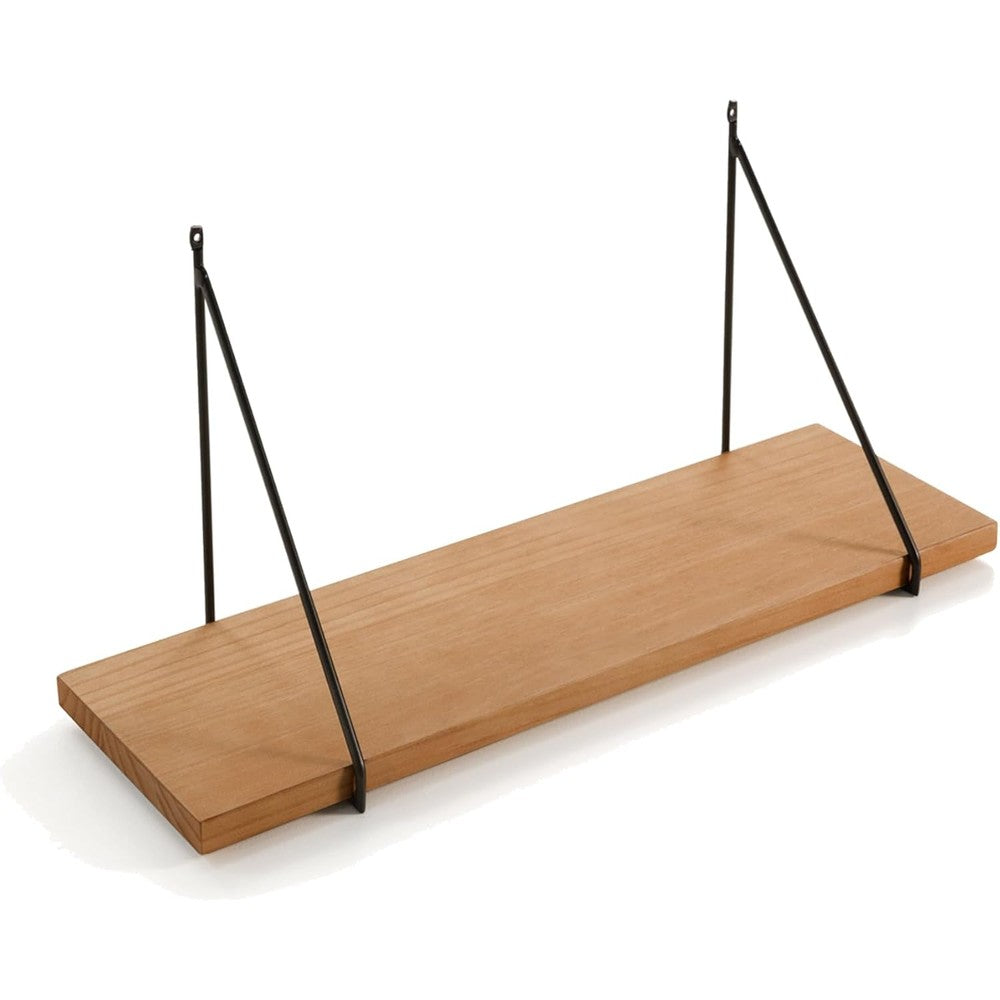 Simply Nursery Retro Wood Shelf front view featuring hazelnut finish solid pinewood and black metal brackets.