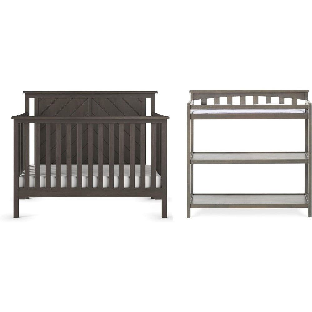 Child Craft Hampton Flat Top Nursery Set front view showing the convertible crib and changing table in dapper gray finish