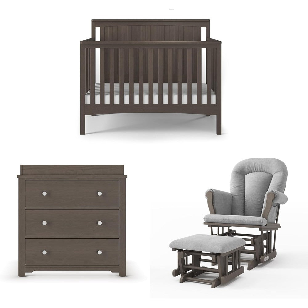 Child Craft Scout 3-Piece Nursery Set dapper gray front view showing crib dresser and glider