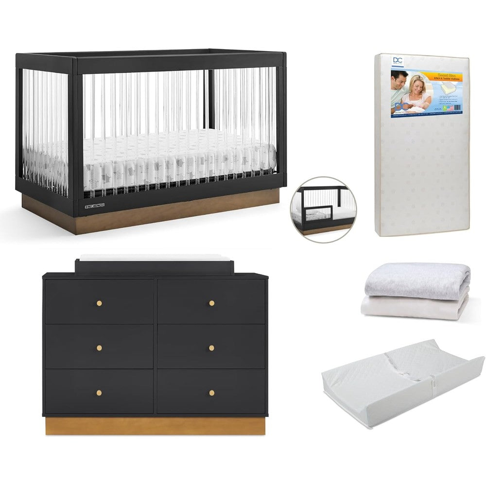 Delta Children James 7-Piece Nursery Furniture Set front view of midnight grey convertible crib and dresser