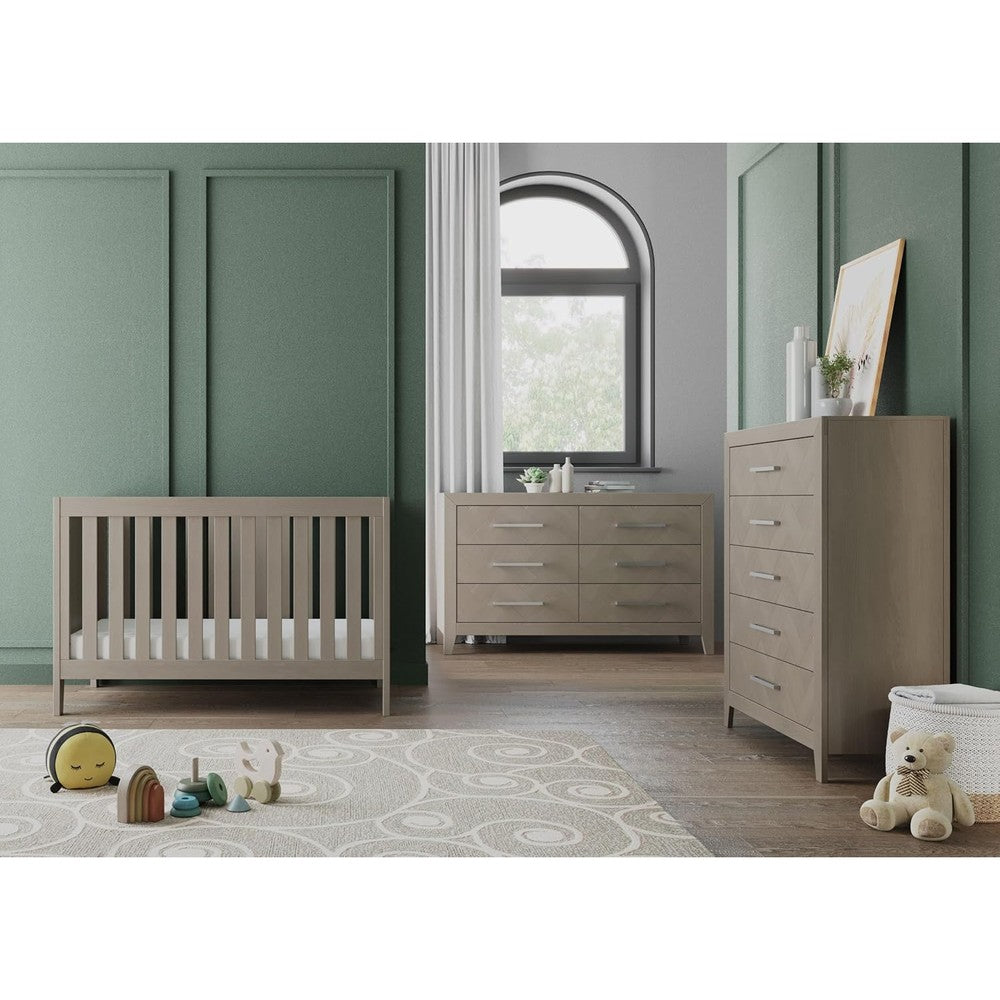 Child Craft Kieran 3-Piece Nursery Set front view of gray wood convertible crib and matching dressers