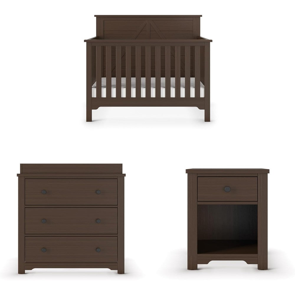 Child Craft Woodland 3 Piece Nursery Set front view showing convertible crib dresser and nightstand in brushed truffle finish