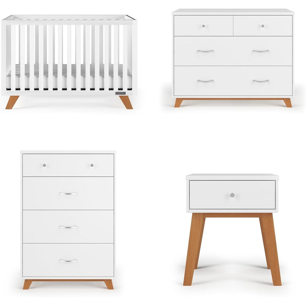 Child Craft Soho Design 4-in-1 Convertible Baby Crib Nursery Furniture Set front view in white and natural finish.