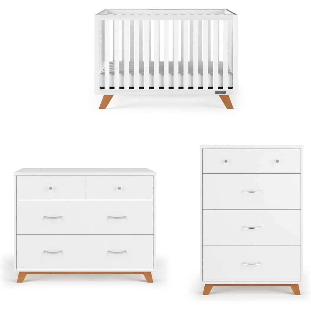 Child Craft SOHO 3-Piece Nursery Set front view showcasing the white and natural convertible crib dresser and chest.