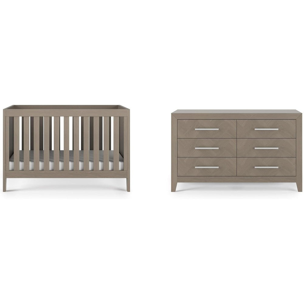 Child Craft Kieran 2-Piece Nursery Set front view featuring convertible crib and gray dresser