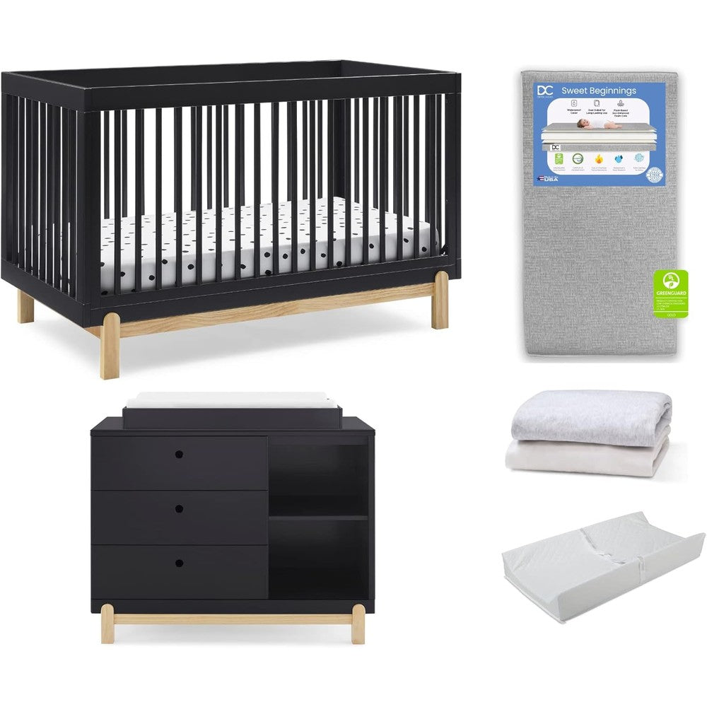 Delta Children Poppy 6-Piece Nursery Furniture Set front view in midnight grey and natural wood.