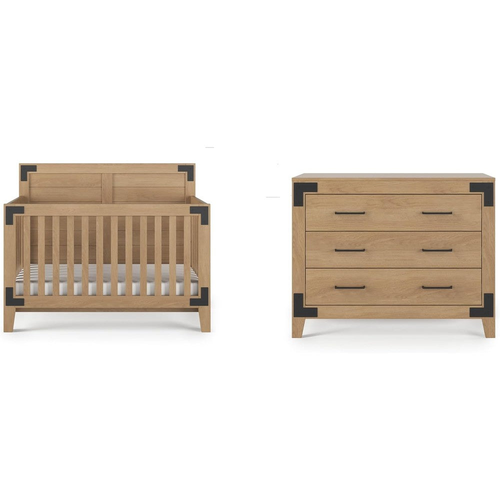 Child Craft Lucas 2-Piece Nursery Furniture Set in Nutmeg showing front view of the convertible crib and three drawer dresser.