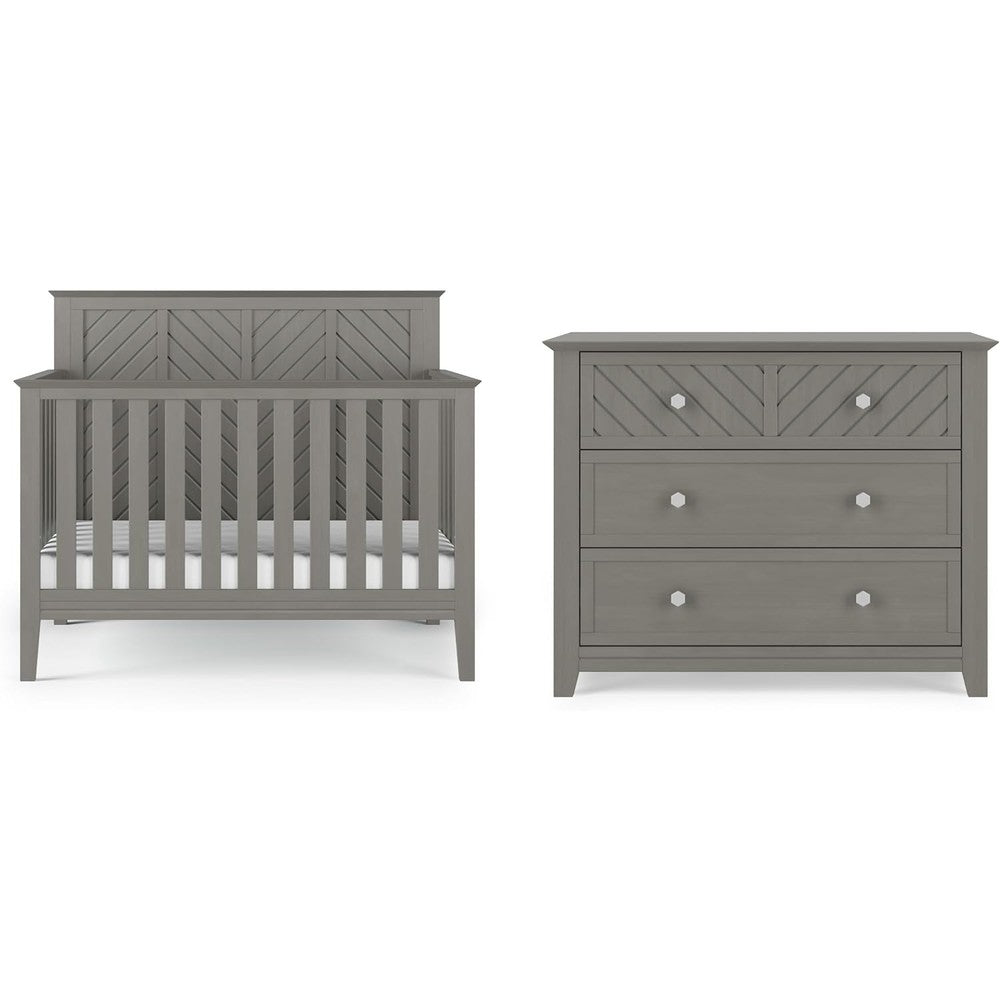 Child Craft Atwood 4-in-1 Convertible Crib and Dresser Set front view in lunar gray.