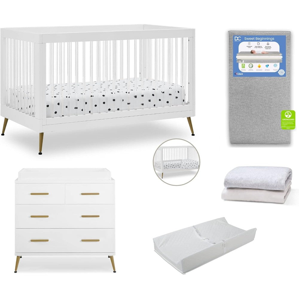 Delta Children Sloane Seven Piece Nursery Furniture Set front view in premium white and melted bronze finish.