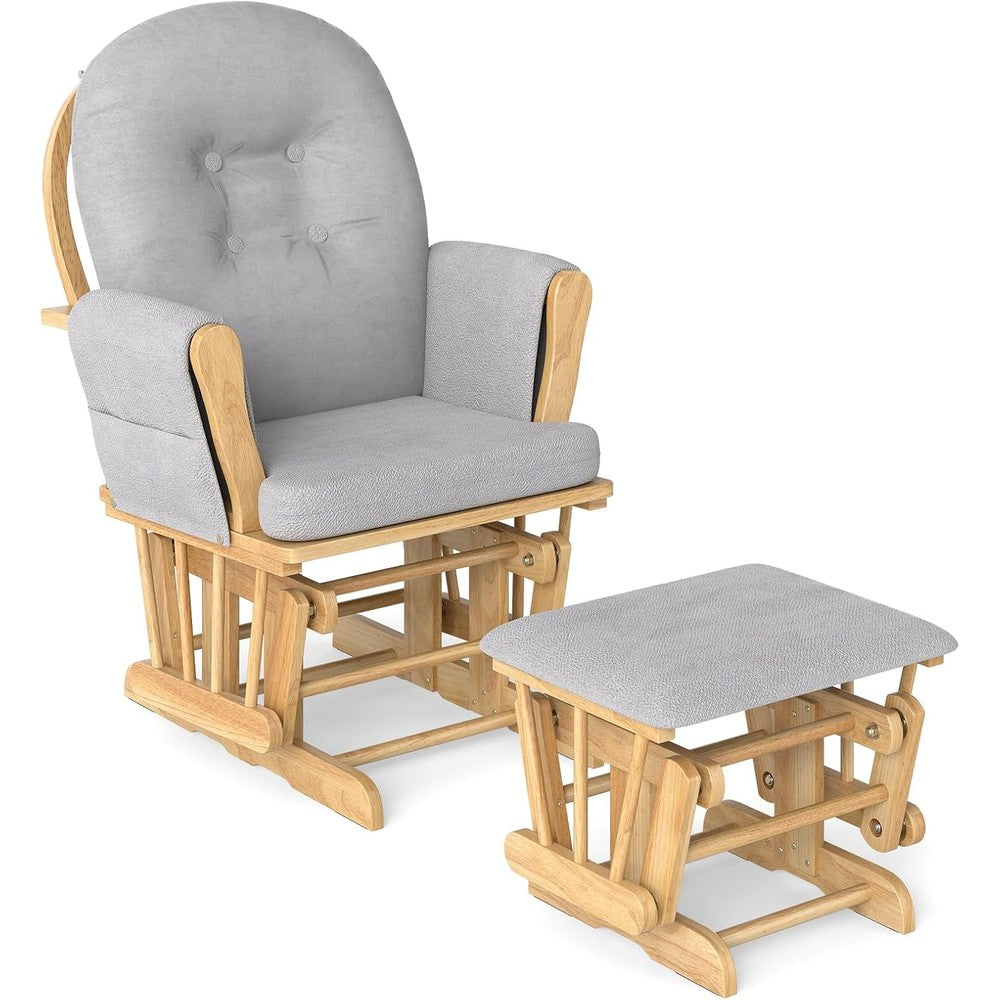 DORTALA baby glider rocker with ottoman front view featuring natural wood frame and grey cushions