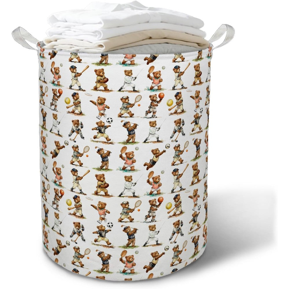 Go Hooked Sports Bear Nursery Laundry Basket Hamper front view showing the cute printed bear player pattern.