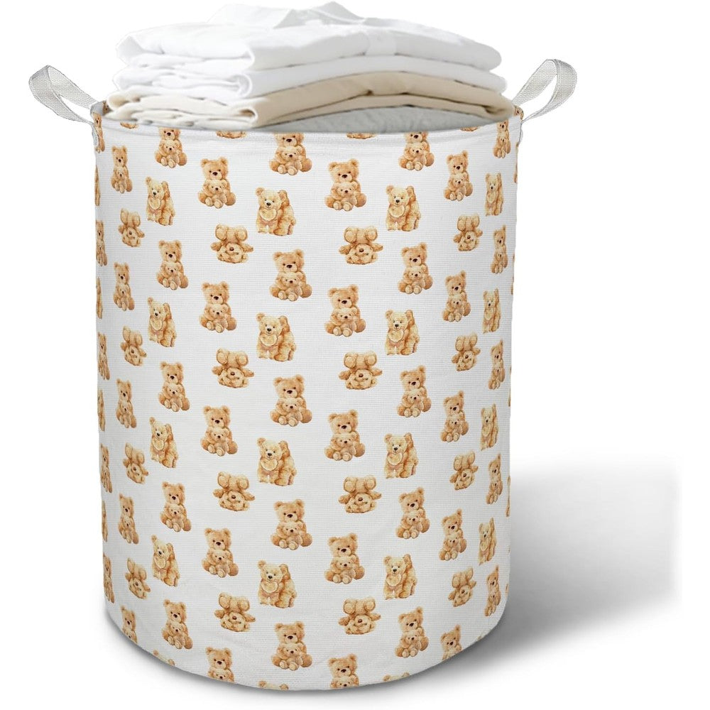 Saiiwnn Bear Nursery Kids Laundry Basket Hamper front view showcasing the cute brown teddy bear pattern print.