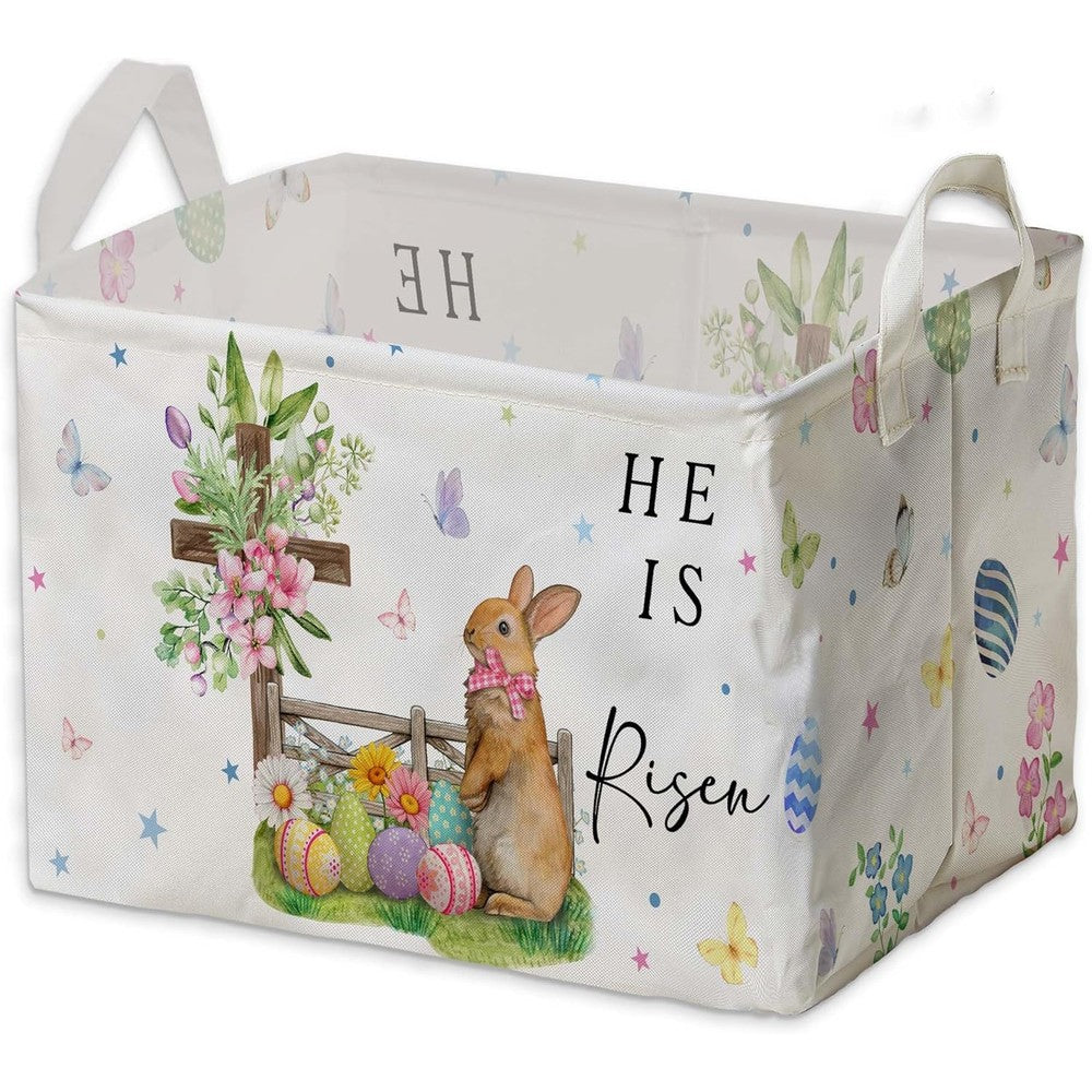 Fisahat Easter Rabbit canvas nursery basket front view showing pastel bunny design.