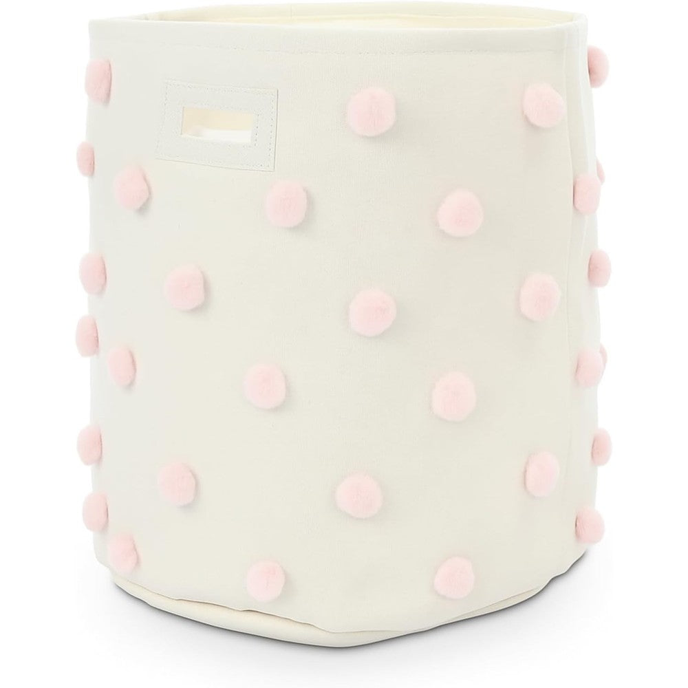Sunnymove pink pom pom cotton canvas laundry hamper front view
