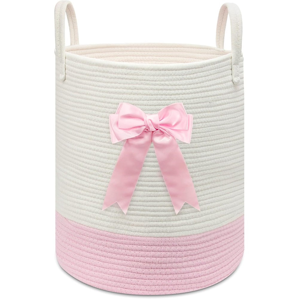 Goodheim pink woven laundry hamper with bow front view