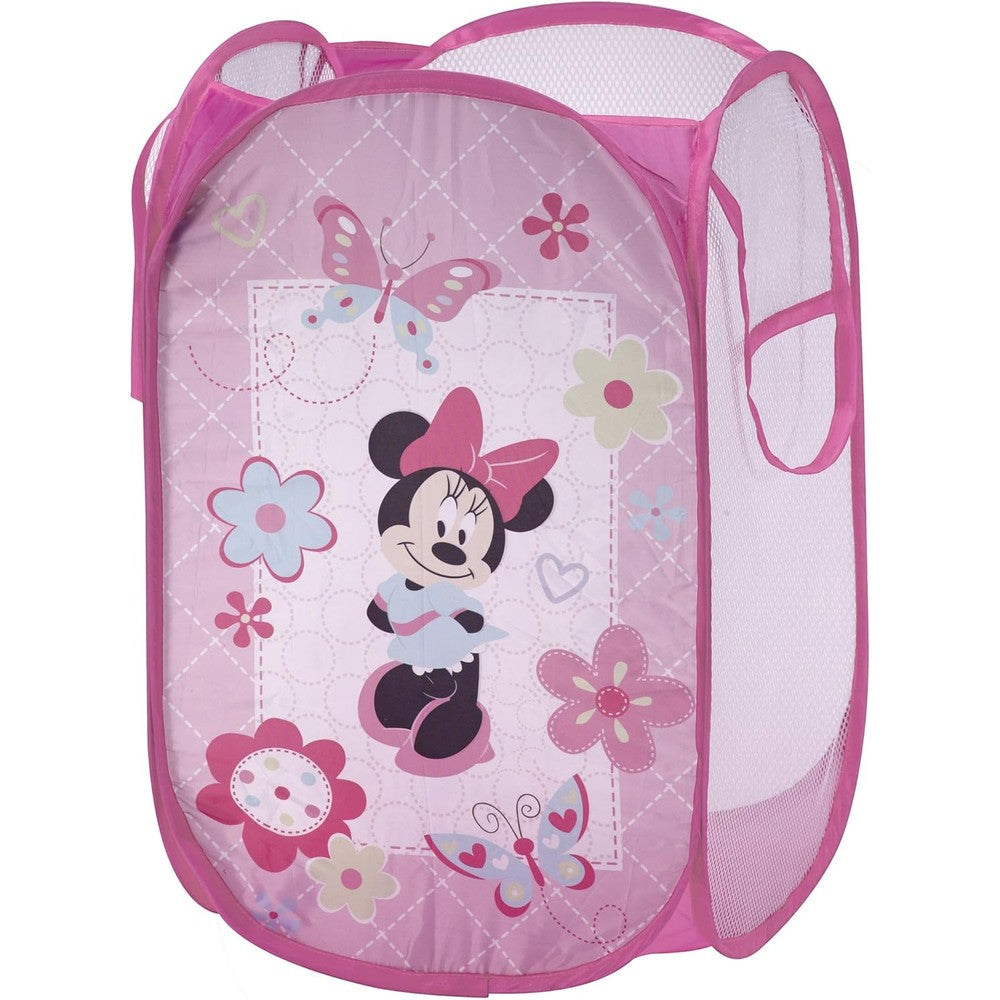 Disney Minnie Mouse Pop Up Hamper pink and aqua front view showing character graphic