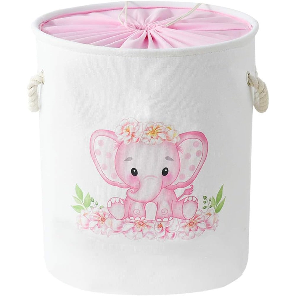 INough pink elephant baby laundry hamper front view for nursery