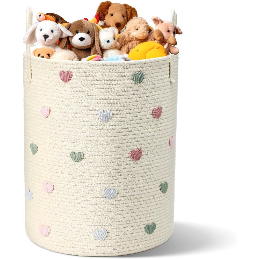 LemonRoad Macaron Heart Laundry Hamper front view showing colorful pastel heart patterns on woven white cotton rope.
