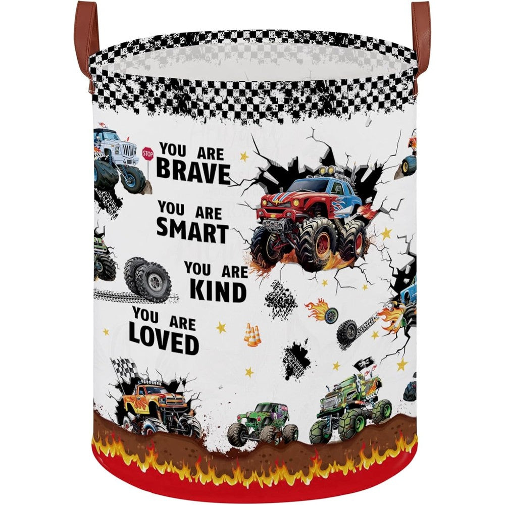 XHWZOF monster trucks fire laundry hamper basket front view showing the colorful racing car print and checkerboard border.