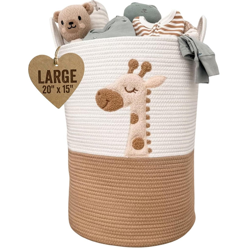 KeminaBlankets Giraffe Baby Laundry Basket front view showing white and tan woven rope structure with soft felt animal patch.