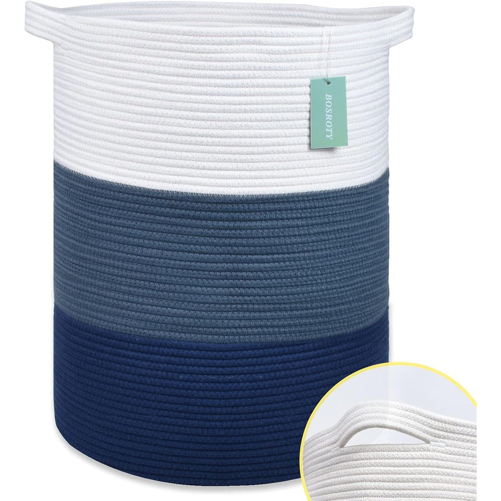 Bosroty Large Blanket Basket front view showing white and blue design