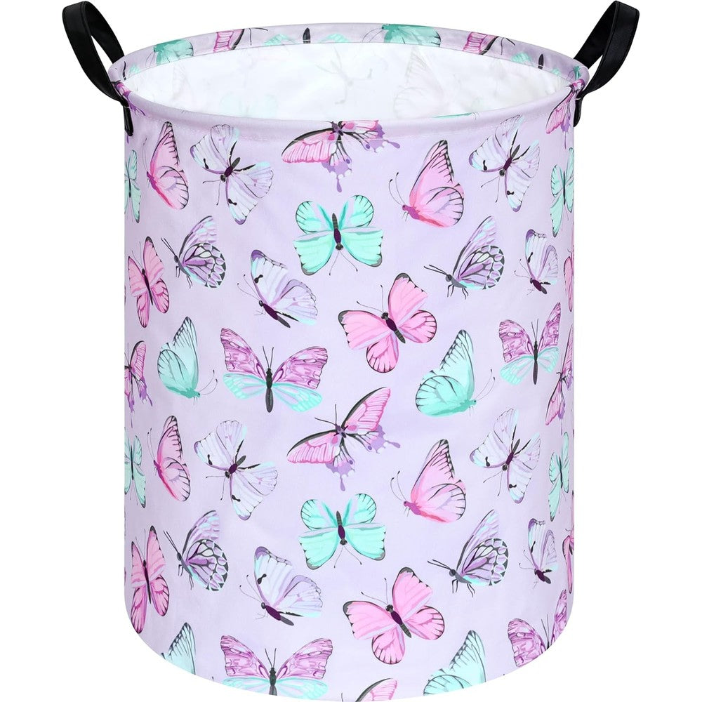 Kunro purple butterfly laundry basket front view for nursery decor