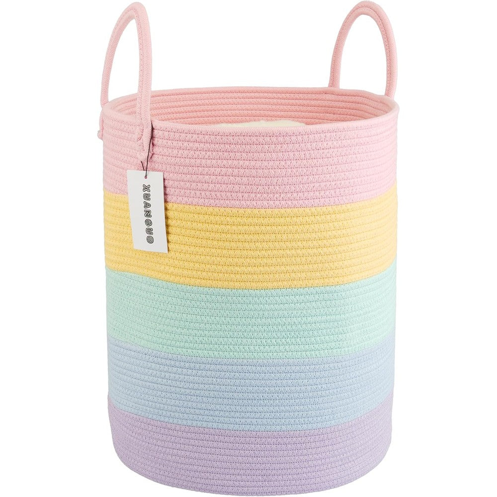 Xuanguo rainbow cotton rope laundry basket front view for nursery