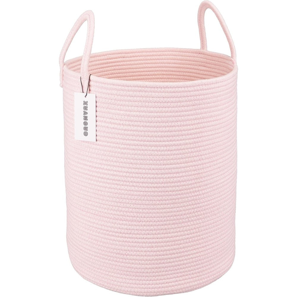 Xuanguo cotton rope laundry basket front view light pink