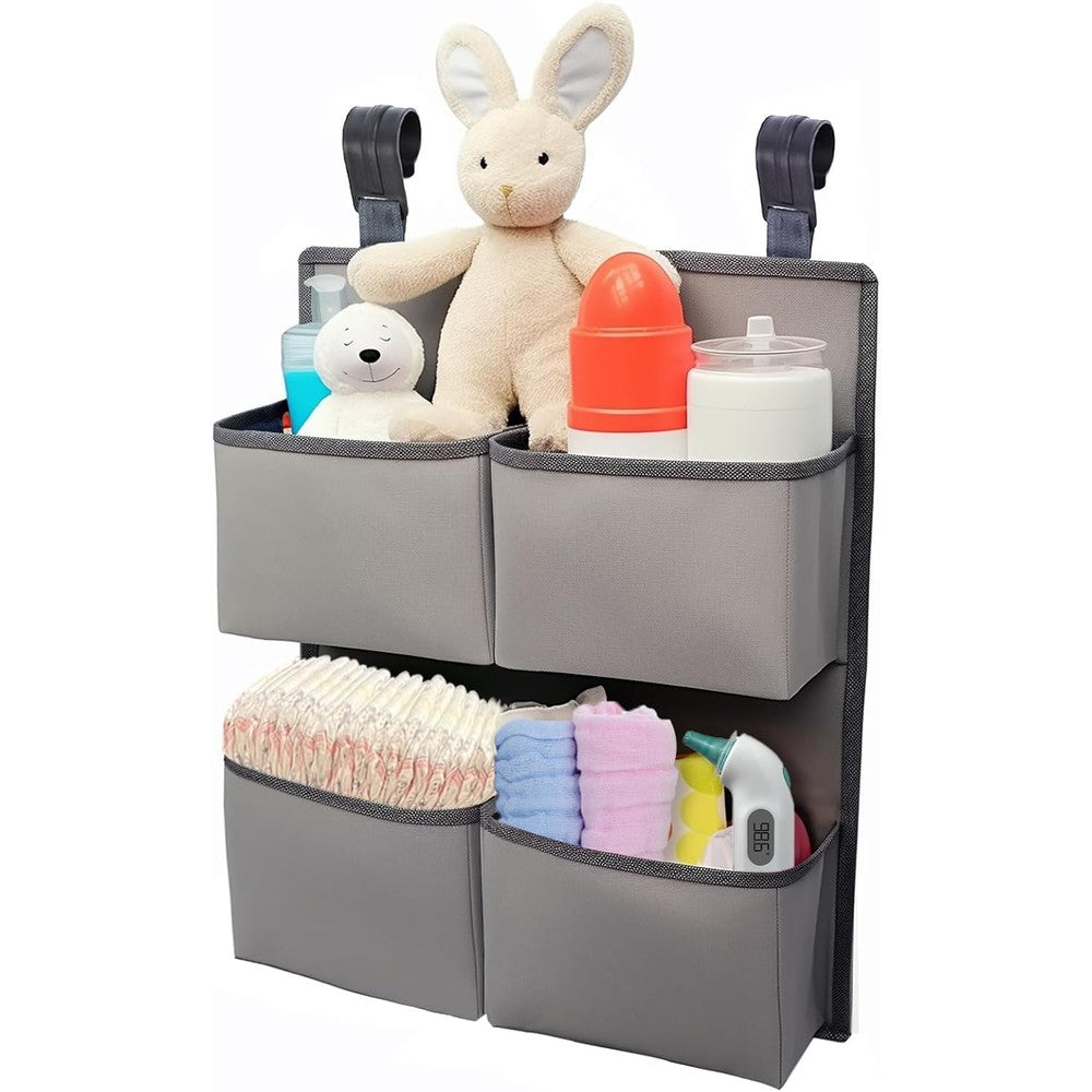 Kikjok hanging diaper organizer gray front view on crib