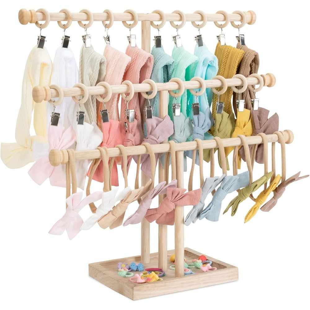 Povetire headband holder front view showing 3 tier wooden design