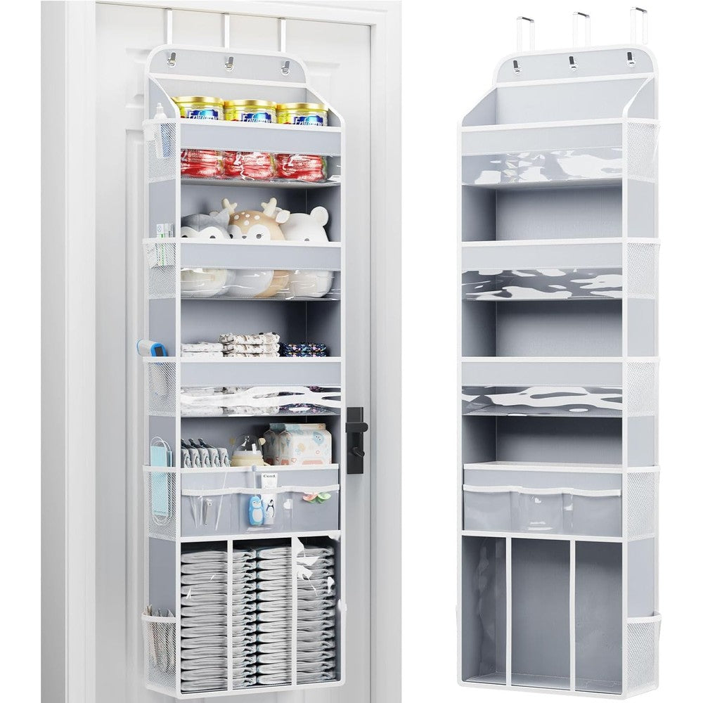 OneDream 5-tier over the door nursery organizer in grey, front view.