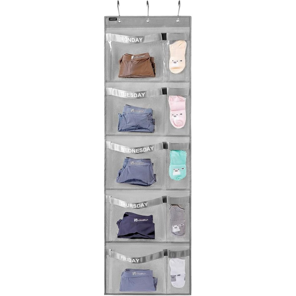 Anzorg weekly kids clothes organizer grey front view hanging on door
