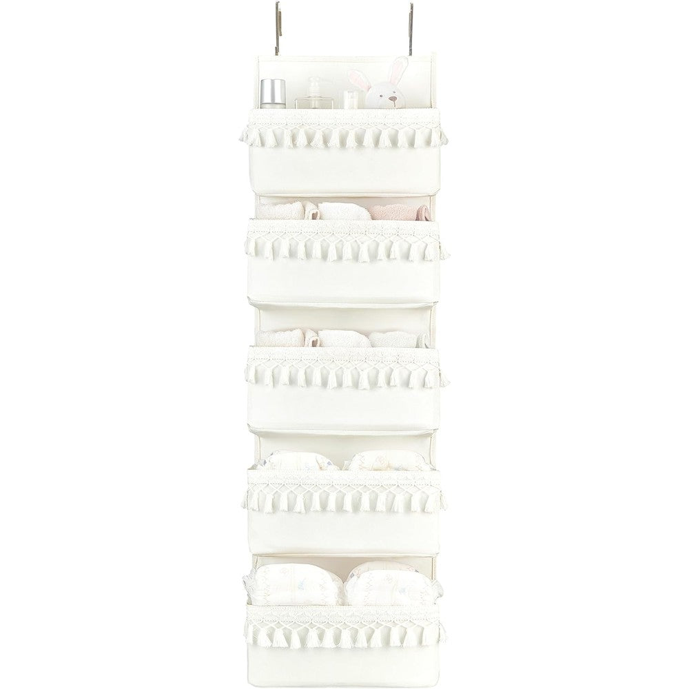 Dahey boho over the door organizer with 5 white pockets and tassels front view