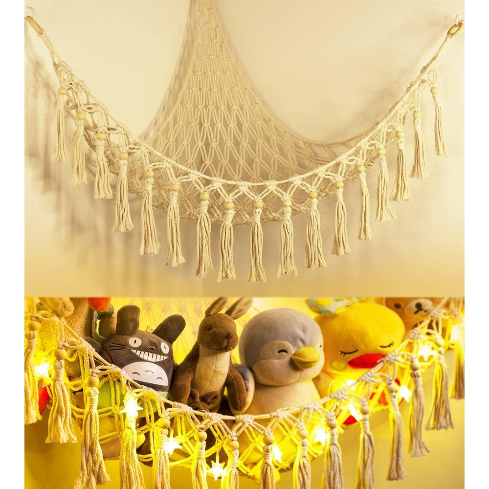 TCGPRO Stuffed Animal Toy Storage Hammock with LED lights installed in corner