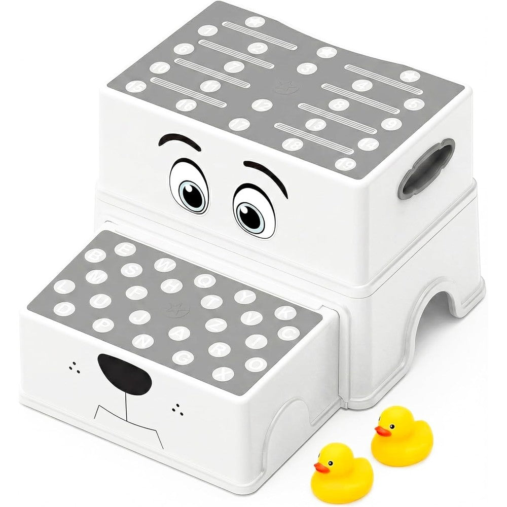UNCLE WU 2 step stool for kids front view featuring the cute white and grey puppy dog face design
