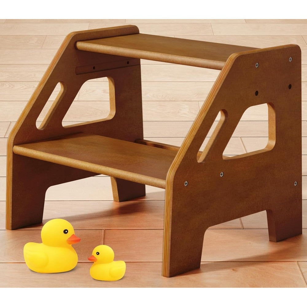 Harwaya wooden toddler step stool front view walnut brown two step ladder for bathroom sink