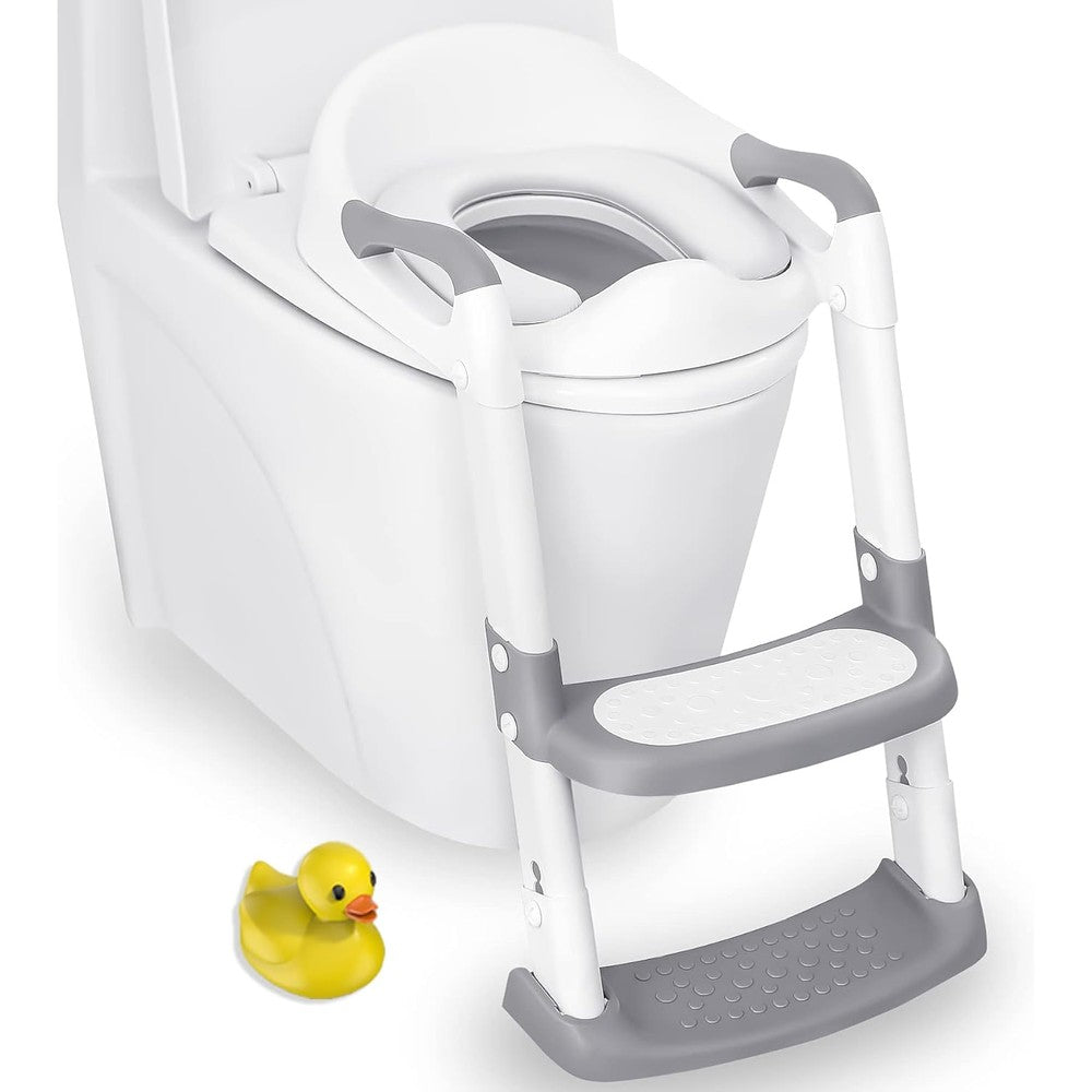 Jassone potty training seat with step stool ladder in grey and white front view showcasing the splash guard and handles.