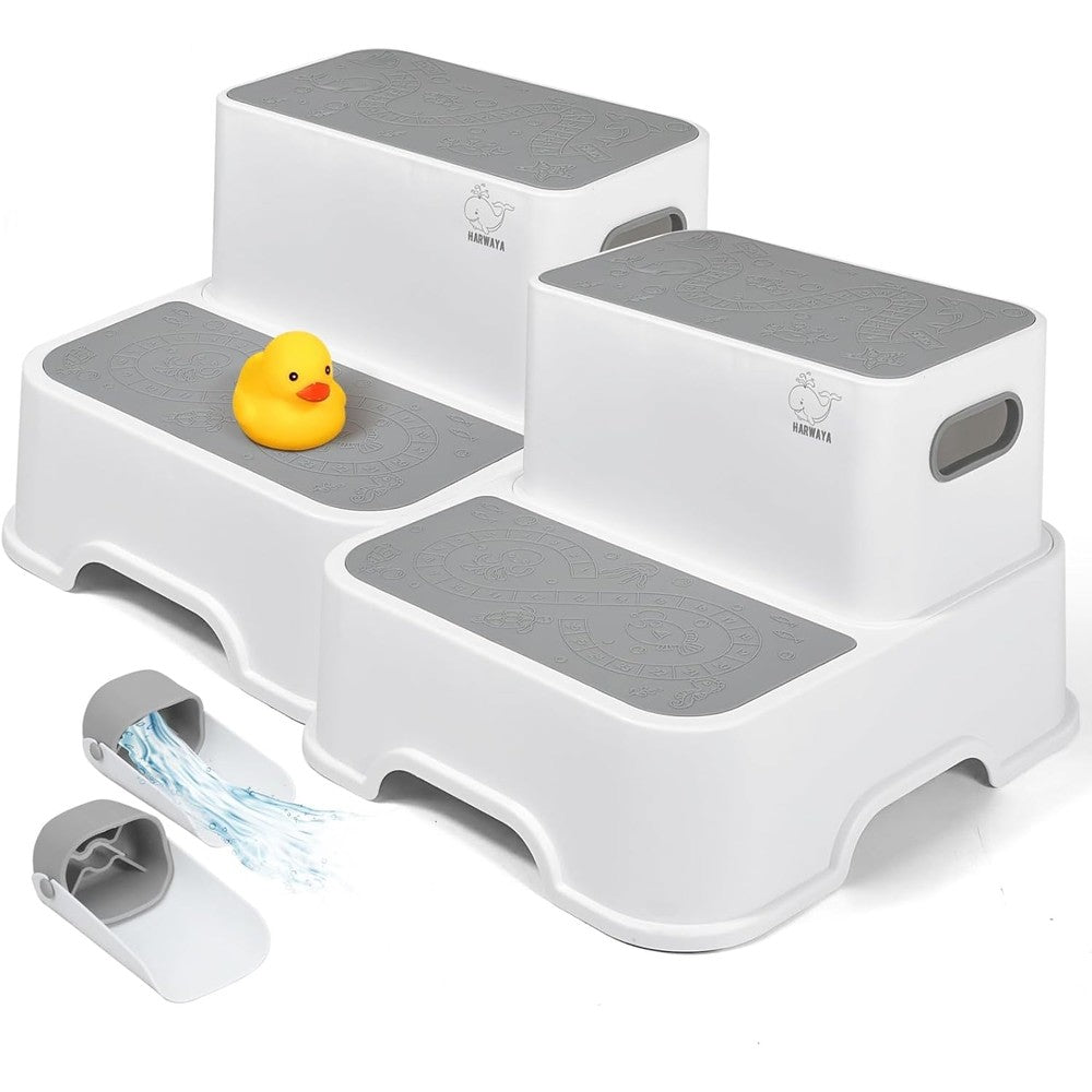 Harwaya toddler step stool front view in white and grey