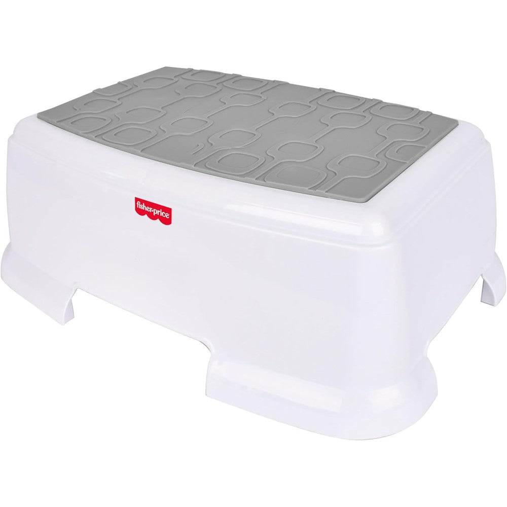 Fisher-Price toddler step stool front view showing wide white base and grey textured top for potty training.