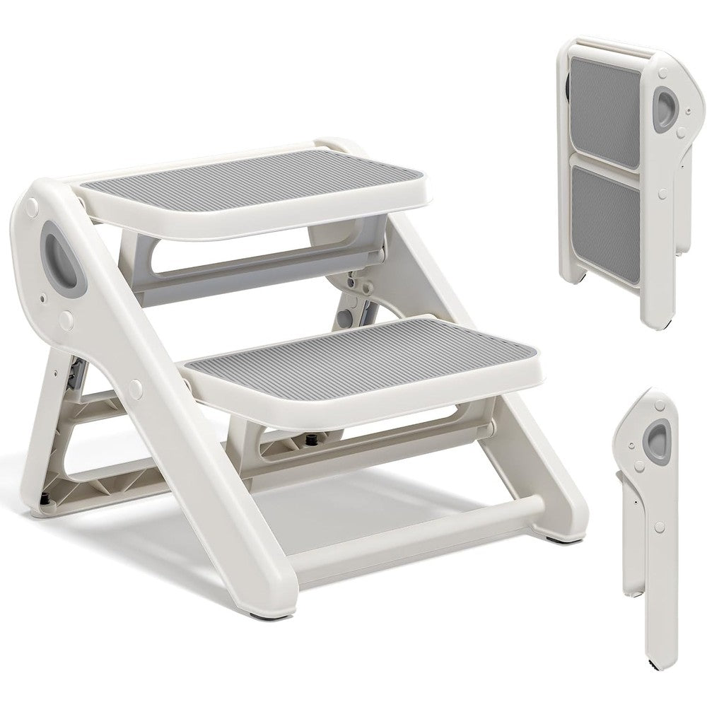 MoreFeel foldable toddler step stool front view showing the white frame and gray non slip steps near a bathroom sink