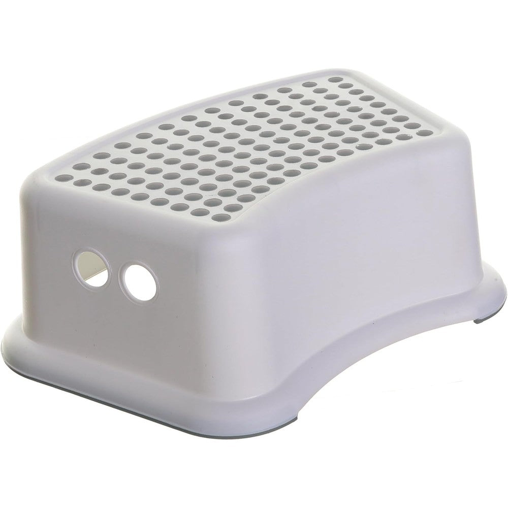 Dreambaby step stool for kids in front view showing white plastic structure and grey rubber dots