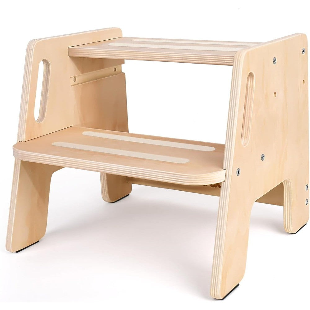 Woodure Toddler Step Stool front view showing natural wood grain and anti slip safety steps.