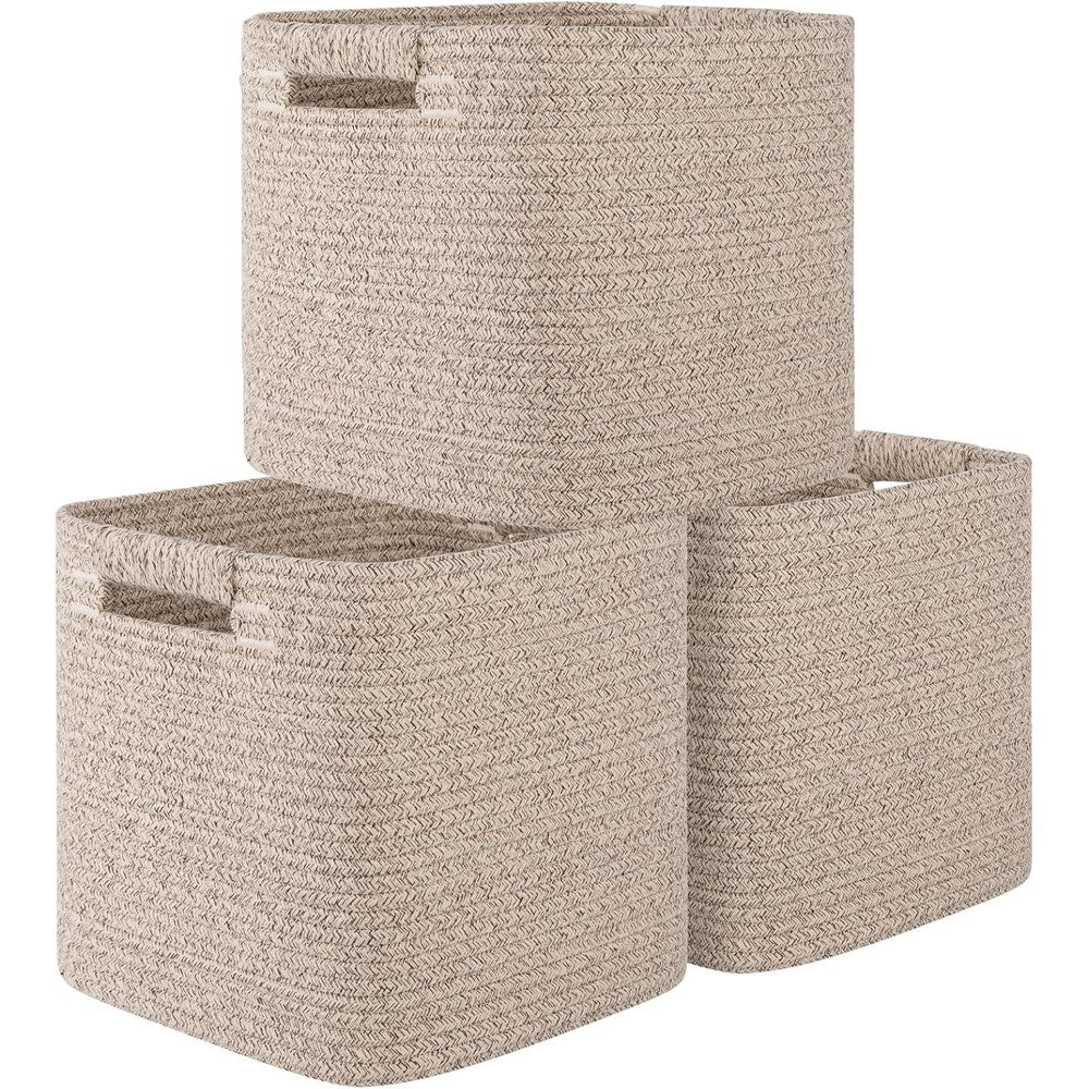 OIAHOMY cotton rope woven storage cubes brown three pack front view on closet shelf
