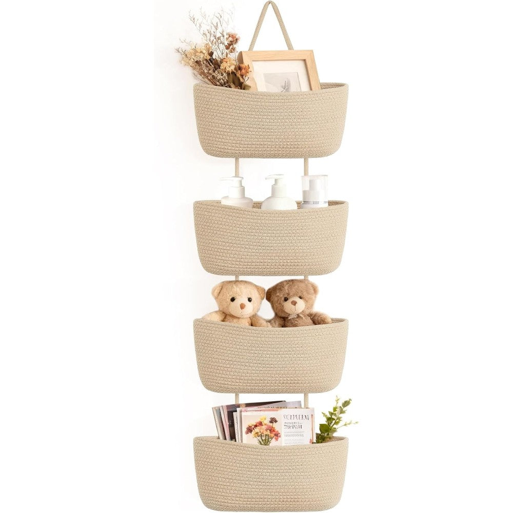 Dahey over the door hanging basket front view showing four tiers of woven cotton storage.