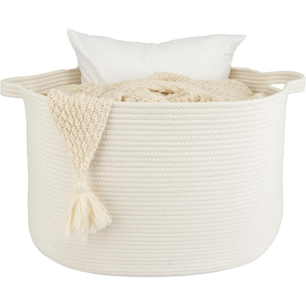 XUANGUO large cotton rope storage basket front view holding white blankets in a modern living room