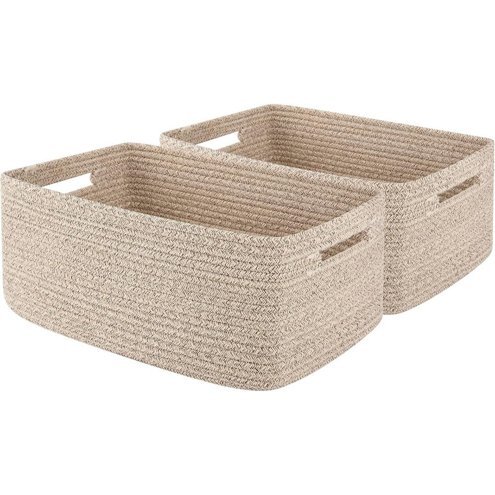 OIAHOMY woven cotton storage basket front view brown 2 pack