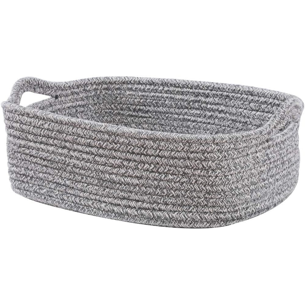 CIKI HOME woven cotton rope storage basket front view displaying grey rectangular design on a nursery shelf.