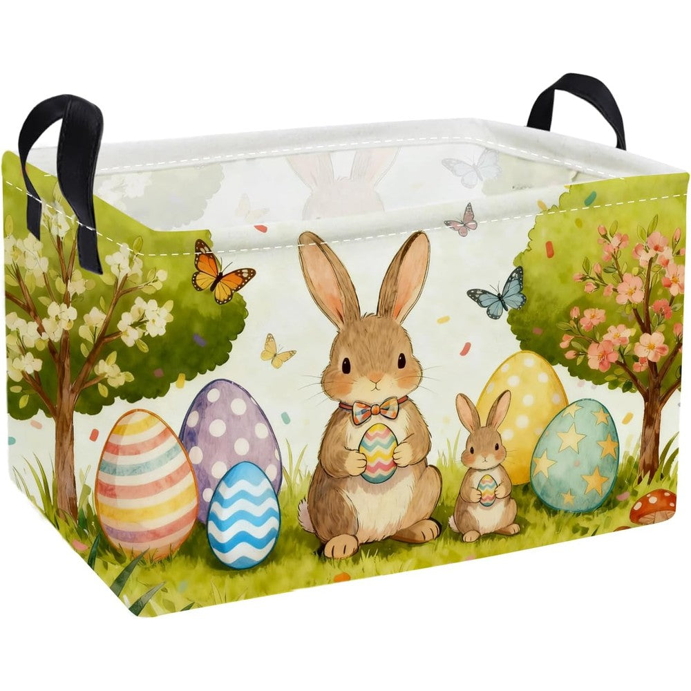 Essme rectangular kids storage basket front view with colorful easter bunny print